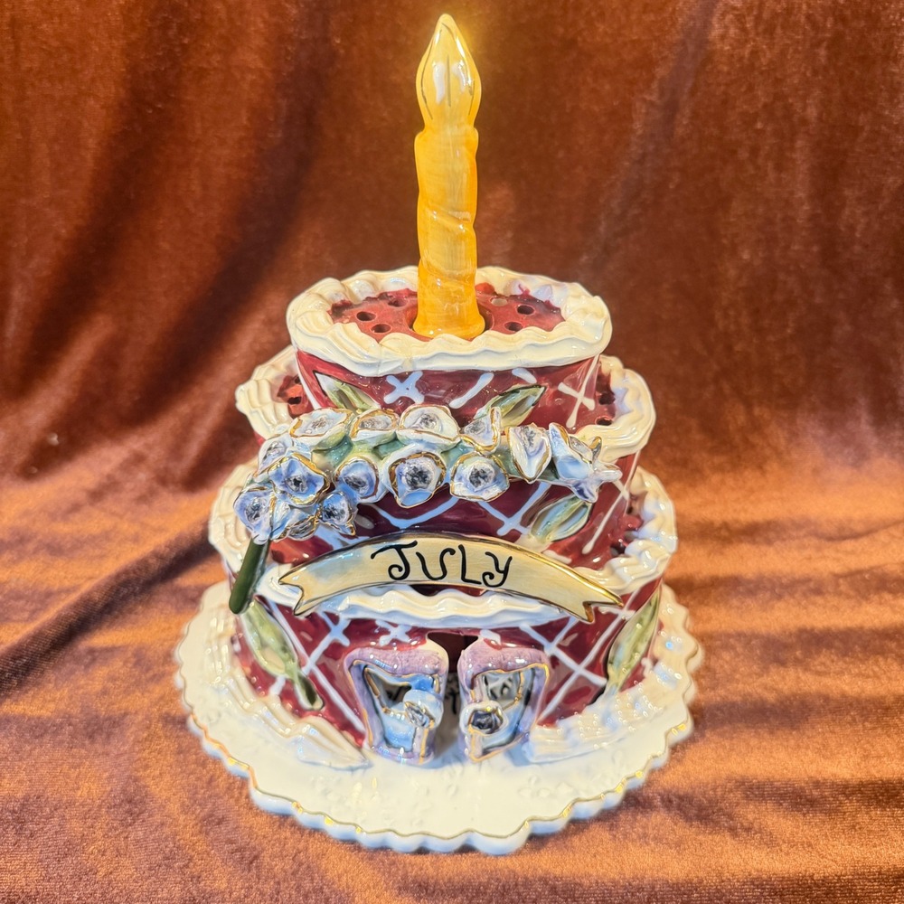 Blue sky  July Birthday Cake Tea Light Candle Holder Charming Tales Ceramic